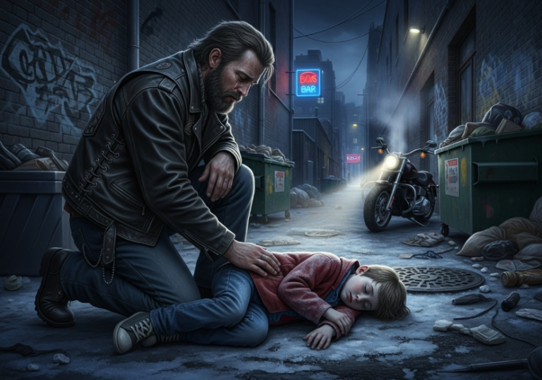 I’m the 6’3″ bearded biker people cross the street to avoid. But when I heard a 7-year-old crying in an alley at 2 AM, I found him freezing to death. His stepmom locked him out. She thought he was “trouble.”