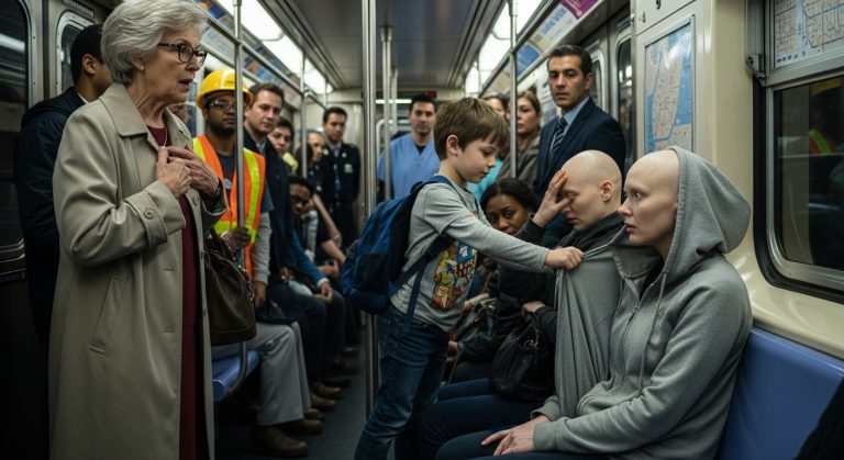 I WAS COMING HOME FROM MY SIXTH ROUND OF CHEMOTHERAPY SHAKING UNCONTROLLABLY WITH MY 5-YEAR-OLD SON CLUTCHING MY HAND ON A PACKED NEW YORK SUBWAY WHEN AN ELDERLY WOMAN BEGAN SCREAMING IN MY FACE CALLING ME A “DISGRACEFUL, LAZY BRAT” FOR NOT GIVING UP MY SEAT, BUT SHE HAD ABSOLUTELY NO IDEA I WAS DYING UNTIL MY LITTLE BOY DID SOMETHING SO SHOCKING IT SILENCED THE ENTIRE TRAIN CAR AND LEFT THE CROWD IN TEARS.