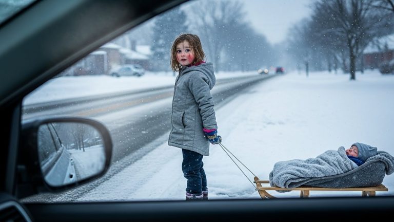 SEVEN YEARS OLD, FROZEN FINGERS, AND A MAKESHIFT SLED: SHE DRAGGED HER DYING BABY BROTHER THREE MILES THROUGH A HISTORIC BLIZZARD BECAUSE THE FAMILY SWORN TO PROTECT THEM LEFT THEM TO DIE, UNTIL A BLACK MERCEDES STOPPED AND A STRANGER MADE A PROMISE THAT WOULD CHANGE DESTINY FOREVER…