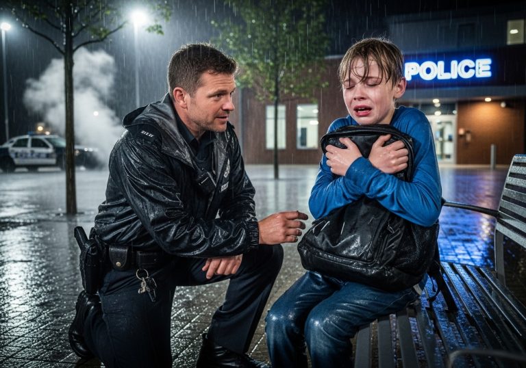 I found a shivering seven-year-old boy frozen on a bench outside my precinct in the middle of a violent, life-threatening thunderstorm, clutching a heavy red backpack like it contained the crown jewels because his mother promised him a trip to Disney World if he didn’t move a single inch, but when I finally dragged him inside and opened that bag to find his identification, I didn’t find clothes or toys—I found a landscaping brick and a handwritten letter that shattered my faith in humanity and sent me on a cross-state manhunt for justice.