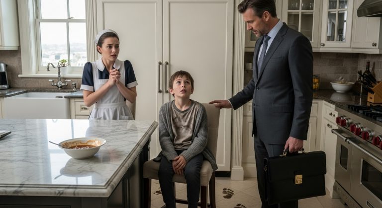 I Was Just the Maid in a 50-Room Boston Mansion, Terrified of Losing My Job, But When I Broke the Golden Rule to Secretly Feed a Freezing, Starving Boy I Found at the Gates, My Cold-Hearted Billionaire Boss Came Home Early, Caught Us Red-Handed, and His Reaction Left Me Sobbing on the Marble Floor—You Will Not Believe How One Bowl of Soup Changed History.