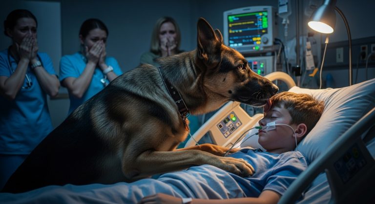 THE DOCTORS TOLD US TO PREPARE FOR THE FUNERAL OF OUR 10-YEAR-OLD SON WHO HAD BEEN TRAPPED IN A COMA FOR 21 DAYS, BUT WHEN HIS GERMAN SHEPHERD REFUSED TO LEAVE THE HOSPITAL PARKING LOT AND WAS FINALLY SNEAKED INTO THE ICU, THE DOG DID ONE THING THAT MADE THE HEART MONITOR SCREAM AND LEFT THE CHIEF NEUROLOGIST SHAKING IN DISBELIEF.