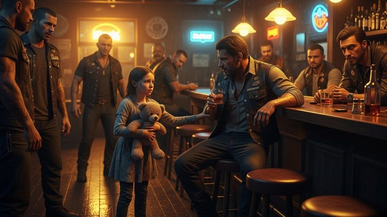 I Was Drinking With 20 Outlaws When A Little Girl Walked Into Our Bar. She Was Trembling, Clutching A Dirty Teddy Bear, And Hiding A Bruise On Her Face. The Room Went Silent As She Tugged On My Vest And Whispered Six Words That Turned A Room Of Criminals Into An Army Of Angels: “Please, He’s Killing My Mama.” What We Did Next Wasn’t Legal, But It Was The Only Choice We Had.