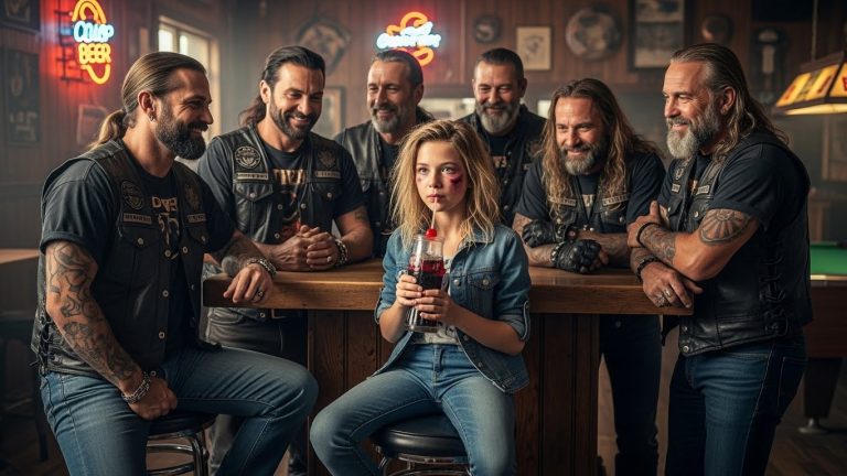 She Walked Into a Bar Full of Outlaws Clutching a Teddy Bear. We Thought She Was Lost, Until She Whispered Six Words That Turned 20 Hardened Men Into an Army.