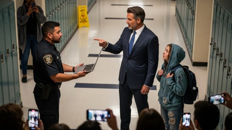 I stood frozen in the school hallway as a power-tripping security guard tormented a quiet, underprivileged girl over a high-end laptop he swore she stole, mocking her poverty and threatening her with prison, but the smug look on his face instantly shattered into pure, unadulterated terror the moment the school doors swung open and her father—the one man capable of ending his career with a single word—stepped out of the rain and into the silent auditorium.