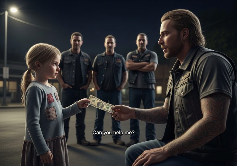 I was sitting in a roadside diner, minding my own business, covered in leather and road dust, when a tiny girl walked right up to my table. The whole place went dead silent. She slapped a crumpled five-dollar bill on the table and looked me dead in the eye. What she asked next didn’t just silence the room—it shattered my heart into a million pieces and made a grown man cry.