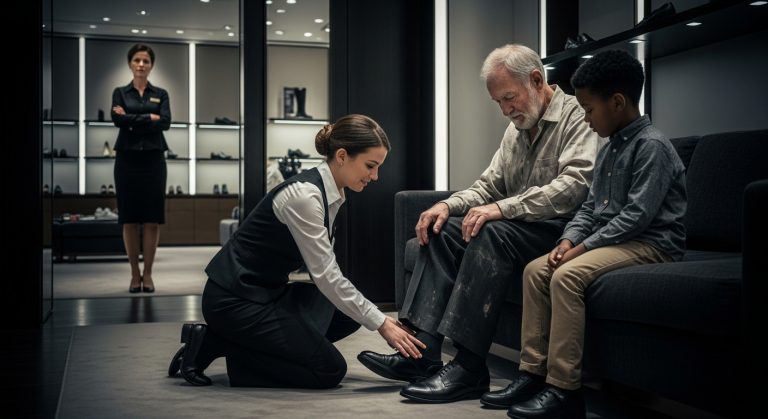 MY SNOBBY COWORKERS MOCKED A DIRTY OLD MAN IN OUR LUXURY SHOE STORE AND TRIED TO KICK HIM OUT, BUT WHEN I STEPPED IN TO HELP HIM, HE PULLED OUT A BLACK CARD THAT SILENCED THE ENTIRE ROOM AND REVEALED A SECRET IDENTITY THAT GOT MY BOSS FIRED ON THE SPOT.