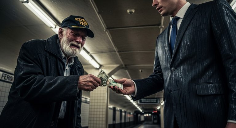 Homeless Veteran Hands a Wealthy Businessman His Last $5 Bill. When The Millionaire Finds Out Why, He Bursts Into Tears.