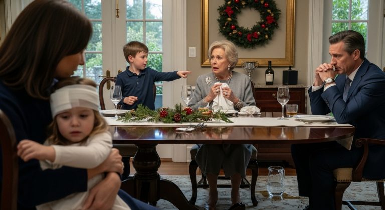 My Mother-in-Law Physically Assaulted My 4-Year-Old Daughter Over Spilled Water at Our Christmas Dinner, and My Husband Just Laughed—But Then My Quiet 7-Year-Old Son Stood Up, Pointed a Finger at His Grandmother, and Revealed a Terrifying Secret About the “Accidental” Death of Aunt Teresa That Froze the Room, Brought in the FBI, and Destroyed the Entire Family Empire Forever.