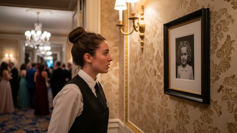 I Was Just a Struggling Waitress Serving Champagne at an Exclusive Gala When I Stumbled Upon a Forgotten Hallway and Saw a Photo That Stopped My Heart—It Was Me as a Little Girl Hanging in a Billionaire’s Mansion. Now I Know the Owner Isn’t Just a Stranger, He’s the Monster Who Erased My Existence, and He Knows I’ve Seen the Truth.
