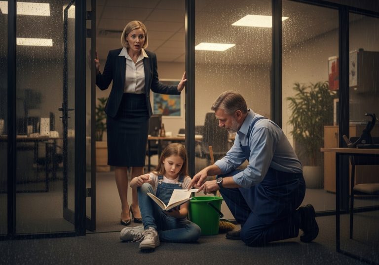 I CAUGHT THE NIGHT JANITOR HIDING IN THE DARK WITH MY 14-YEAR-OLD DAUGHTER AT 2:00 AM INSIDE MY LOCKED OFFICE BUILDING AND WAS SECONDS AWAY FROM CALLING THE POLICE TO HAVE HIM ARRESTED UNTIL HE HANDED ME A WEATHERED LEATHER NOTEBOOK THAT REVEALED A HEARTBREAKING SECRET ABOUT HIS PAST THAT COMPLETELY DESTROYED MY EGO, SHATTERED MY PERCEPTION OF SUCCESS, AND CHANGED THE TRAJECTORY OF MY ENTIRE LIFE FOREVER.