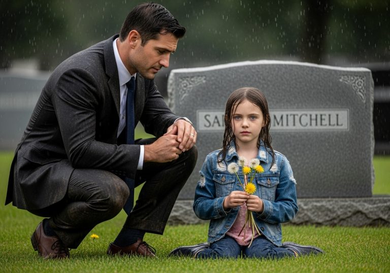 I Returned To My Ex-Lover’s Grave To Apologize For Leaving Her Behind, But Instead, I Found A 7-Year-Old Girl Clutching Wilted Dandelions In The Rain. When I Saw Her Eyes, I Froze—They Were Identical To Mine. What Happened Next Forced Me To Trade My Boardroom For A Courtroom In A Vicious Fight To Save The Daughter I Never Knew Existed.