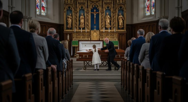 Everyone At The Funeral Thought The 6-Year-Old Girl Was Just Grieving When She Climbed Into Her Father’s Open Casket And Refused To Let Go, But When She Started Screaming One Terrifying Phrase, The Funeral Director Turned Pale And The Priest Dropped His Bible Because The “Corpse” Was Doing The Unthinkable…