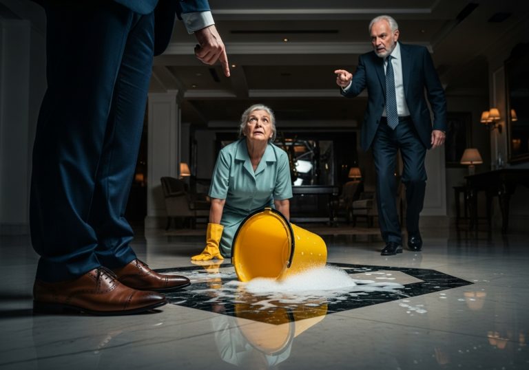 He Strutted Into The Lobby In A Five-Thousand-Dollar Suit And Kicked A Bucket Of Dirty Water All Over The Elderly Cleaner Just To Impress His Entitled Friends, Unaware That The “Old Man” Reading A Newspaper In The Corner Was The One Person Who Could Strip Him Of His Entire Inheritance With A Single Phone Call.