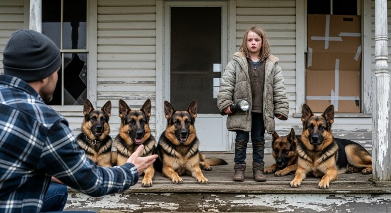 Every Single Morning at 7:00 AM, This Tiny Five-Year-Old Girl Marched Down Our Street Surrounded by Five Massive, Battle-Scarred German Shepherds That Looked Like They Could Tear a Car Apart, and While the Whole Neighborhood Just Watched in Fear and Whispered Behind Their Curtains about Where Her Parents Were, I Finally Decided to Follow Her Into the Woods—But When I Saw Where They Stopped and What Was Hidden Inside That Rotting, Abandoned House, It Broke Me Into a Million Pieces and Revealed a Secret So Heart-Wrenching It Will Haunt Me Until the Day I Die.
