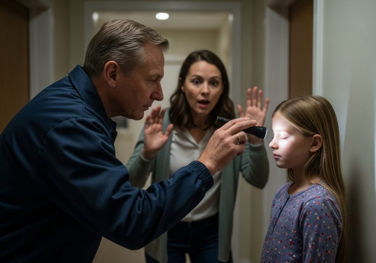 I Screamed At The Sweet Old Janitor And Got Him Fired On The Spot Because I Caught Him Shining A Bright LED Flashlight Directly Into My Seven-Year-Old Blind Daughter’s Eyes, Thinking He Was A Cruel Monster Mocking Her Disability, But Hours Later When I Found The Crumpled Note He Left In The Trash And Rushed To The Emergency Room, I Dropped To My Knees In The Hospital Hallway Sobbing Uncontrollably As I Realized That His “Cruel Prank” Was Actually A Desperate Attempt To Save Her Life From A Silent Killer That Not Even Her Own Doctors Had Noticed.