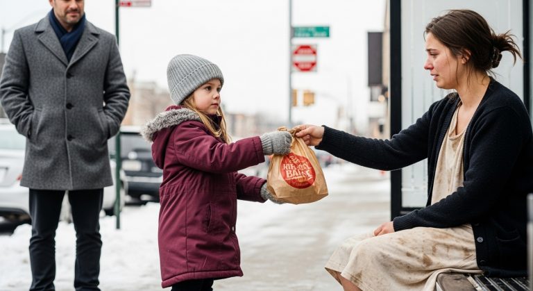 I Was 24, Barefoot in a Chicago Blizzard, Waiting to Die After Selling My Boots for a Sandwich. Then a 4-Year-Old Girl in a Burgundy Coat Walked Out of the Snow, Handed Me a Cookie, and Said 7 Words That Didn’t Just Break My Heart—They Rewrote My Entire Destiny. Her Widowed Father’s Reaction Left Me Sobbing on the Pavement.