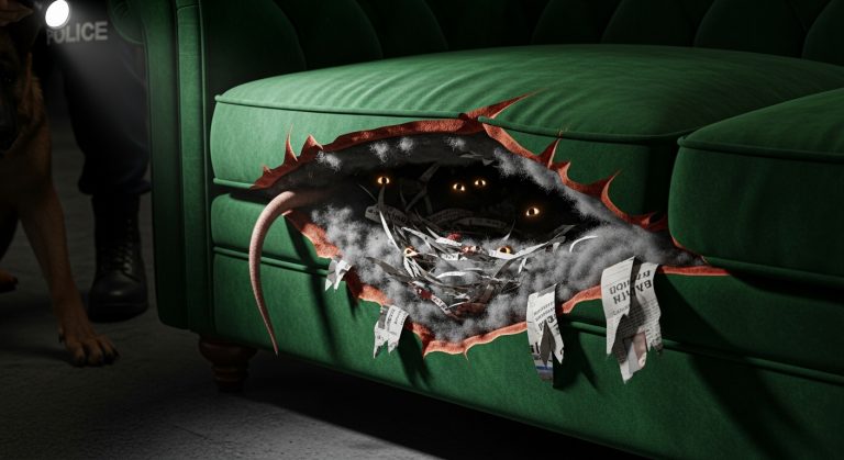 WE HEARD SCRATCHING SOUNDS COMING FROM OUR VINTAGE SECTIONAL SOFA FOR WEEKS, BUT WE IGNORED IT UNTIL MY HUSBAND FELT SOMETHING MOVE BENEATH HIM. WE CALLED THE POLICE, AND WHEN THE K9 UNIT TORE OPEN THE UPHOLSTERY, THE OFFICER GAGGED AND WE REALIZED WE HAD BEEN SITTING ON TOP OF A LIVING NIGHTMARE.