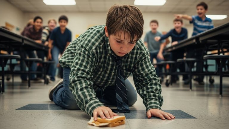 Everyone Laughed When The Rich Bully Kicked The Poor Boy’s Only Sandwich To The Floor And Mocked His Oversized ‘Hobo’ Shirt, But When The Lunch Lady Found Him Crying And Read The Crumpled Note In His Pocket About His Late Father, The Bully’s Mother Broke Down In The Principal’s Office And The Whole School Learned A Heartbreaking Lesson About Dignity And Love.