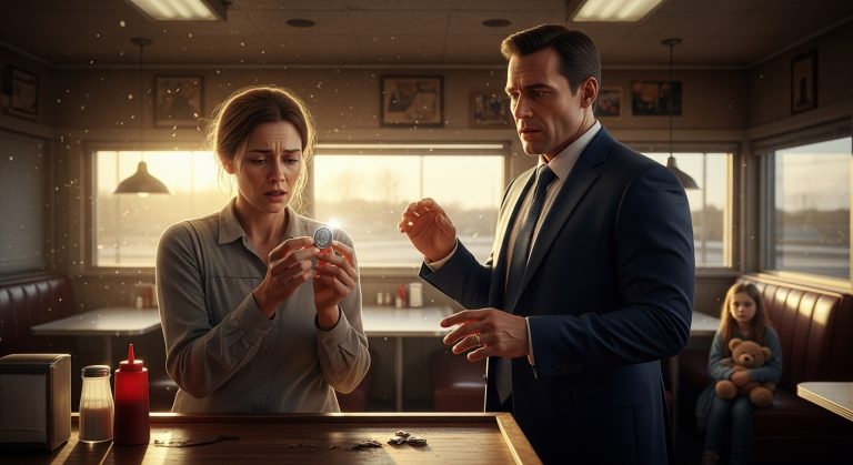 A BILLIONAIRE STRANGER WALKED INTO MY DINER MINUTES BEFORE EVICTION AND PAID MY $170,000 DEBT IN CASH. BUT WHEN HE SAW THE “CHEAP” SILVER LOCKET MY LATE HUSBAND GAVE ME, HE FROZE. HIS HANDS TREMBLED AS HE WHISPERED, “SARAH, THIS ISN’T JUST JEWELRY… IT’S A KEY TO A 30-YEAR-OLD CRIME.” WHAT WE FOUND IN A RUSTY BANK VAULT THE NEXT DAY CHANGED MY LIFE FOREVER.