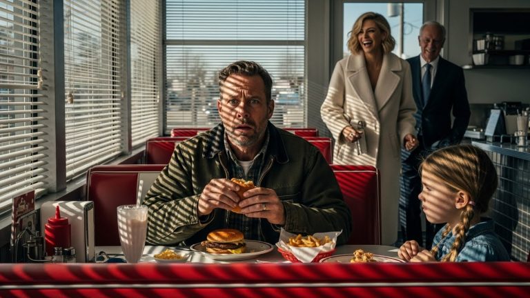 I WAS SITTING IN A RUN-DOWN DINER WITH MY EIGHT-YEAR-OLD DAUGHTER, LAUGHING ABOUT SCHOOL AND EATING A GREASY BURGER, WHEN THE FRONT DOOR CHIMED AND A COUPLE WALKED IN THAT MADE MY BLOOD FREEZE COLDER THAN THE SHAKE I WAS DRINKING, BECAUSE THE WOMAN HANGING ON THAT STRANGER’S ARM WASN’T JUST A LOOKALIKE—IT WAS MY WIFE WHO I BURIED IN A CLOSED CASKET FIVE YEARS AGO, AND SHE WAS WEARING THE DIAMOND NECKLACE I GAVE HER THE NIGHT SHE ‘DIED.’