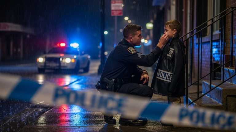 I’ve kicked down a thousand doors in this city, but tonight, a six-year-old boy whispered a question that shattered my badge and brought me to my knees in the rain.