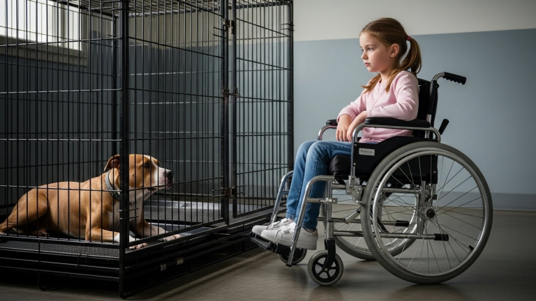 They Marked Him “Aggressive” and Planned to Put Him Down, But When a Paralyzed Little Girl Rolled Her Wheelchair Into His Cage, The Shelter Went Silent