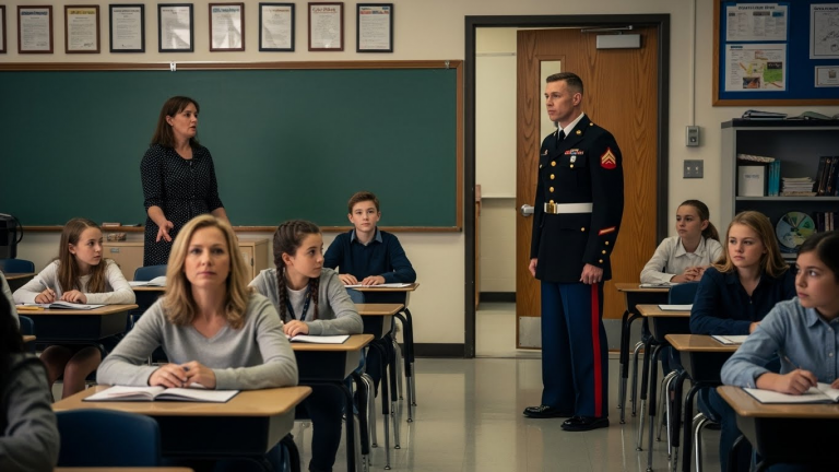 She Screamed At Me In Front Of The Whole Class, Calling Me A Pathological Liar Just Because I Said My Dad Was A Hero. She Demanded I Stand On My Desk And Apologize To Everyone For “Making Up Fairy Tales” To Get Attention. I Was Shaking, Tears Streaming Down My Face, Ready To Give Up… Until The Heavy Oak Door Creaked Open. The Silence That Hit The Room Wasn’t Just Quiet—It Was Terrified. Because Standing There, In Full Dress Blues, Wasn’t A Ghost. It Was The Man She Said Didn’t Exist. And He Looked Pissed.