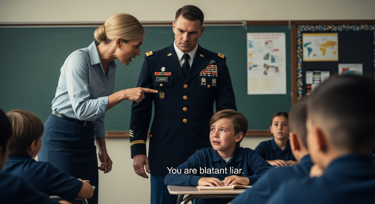 She Called My Son A ‘Pathological Liar’ For Saying His Dad Was A General. She Didn’t Hear The Motorcade Pull Up. The Look On Her Face When I Walked In? Priceless.