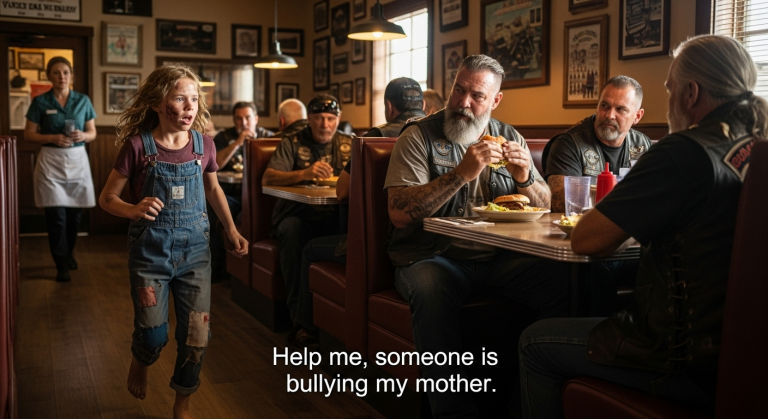 She walked into a bar full of outlaws, clutching a teddy bear and trembling with fear. We thought she was lost, until she tugged on my leather vest and whispered six words that turned the toughest men in the room into an army of vengeance: “Please, he’s killing my mama.” What happened next wasn’t legal, but it was necessary.