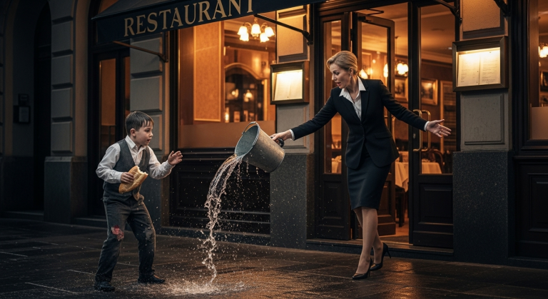 She Tossed Ice Water on a Freezing Homeless Child. She Didn’t Realize The Billionaire Who Owned The Building Was Watching From The Shadows.
