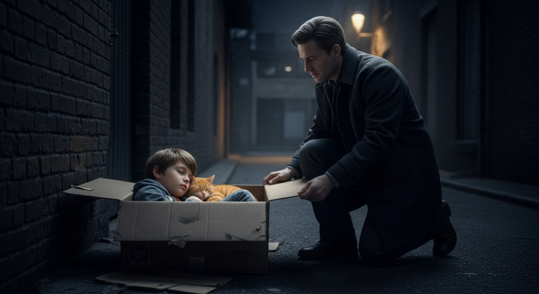 I Found a Freezing 7-Year-Old Huddled in a Box at 3 AM—But What He Was Holding Under His Coat Forced Me to Break Every Law to Save Them Both.