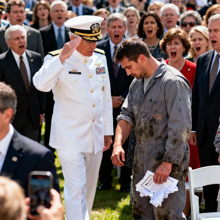 I Was The Janitor Scrubbing Floors While My Son Graduated. The Rich Parents Laughed At My Stained Uniform. Then The 4-Star Admiral Froze When He Saw The “Black Ink” On My Wrist, Dropped His Salute, And The Whole Base Went Silent.
