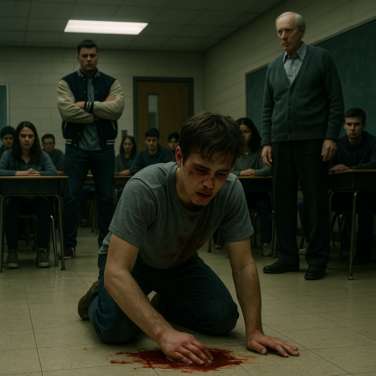 THEY FORCED ME TO SCRUB MY OWN BLOOD OFF THE DIRTY LINOLEUM WHILE TWENTY CLASSMATES WATCHED IN DEAD SILENCE, BUT WHEN THE QUIETEST TEACHER IN SCHOOL WALKED THROUGH THE DOOR, HE DIDN’T SCREAM OR CALL SECURITY—HE DID SOMETHING THAT MADE THE BULLY FREEZE IN PURE TERROR AND CHANGED THE SCHOOL FOREVER.