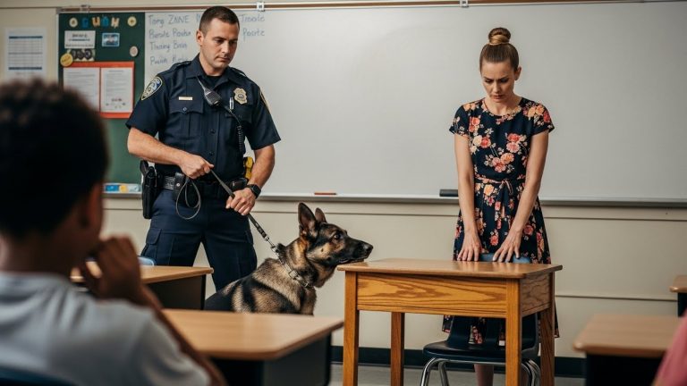 I Thought I Was Just Surprising My Son for His Birthday, but When My K9 Partner Rex Lunged at the ‘Perfect’ Teacher, I Uncovered a Sickening Secret Hidden Inside Her Desk That Left the Entire Police Department Trembling—You Won’t Believe What She Was Hiding.