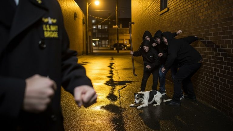 I stood in the shadows of the alley, my uniform still damp from the Norfolk drizzle, watching three teenagers corner a trembling, three-legged stray. They thought they were being tough, laughing as they raised a lead pipe, but they had no idea they weren’t the only predators in the dark.