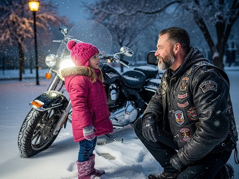 A 7-year-old girl walked into a gas station filled with outlaw bikers during a blizzard. The cashier reached for the silent alarm. The customers froze. But she didn’t run. She walked straight up to the biggest, scariest man in the room—a man named Ghost who hadn’t smiled in ten years—and tugged on his leather jacket. “My mama didn’t come home,” she whispered. What happened over the next 12 hours wasn’t a rescue mission; it was a war against the elements and a monster. This is the story that proved even angels wear leather.