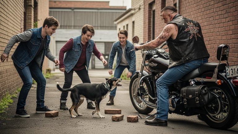 THEY THOUGHT NO ONE WAS WATCHING WHEN THEY TORTURED THAT HELPLESS STRAY. THEN THE ROAR OF A HARLEY SILENCED THE LAUGHTER, AND THE REGRET BEGAN.