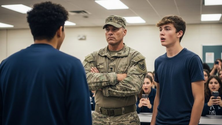 My Son Was Being Humiliated By A Bully In The Cafeteria. He Didn’t Know I Was Standing Right Behind Him, Fresh From The Battlefield.