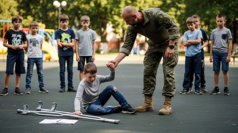 They Kicked His Crutches And Laughed At Him, Not Knowing His Marine Father Was Watching From The Shadows—What He Did Next Left The Entire School In Tears