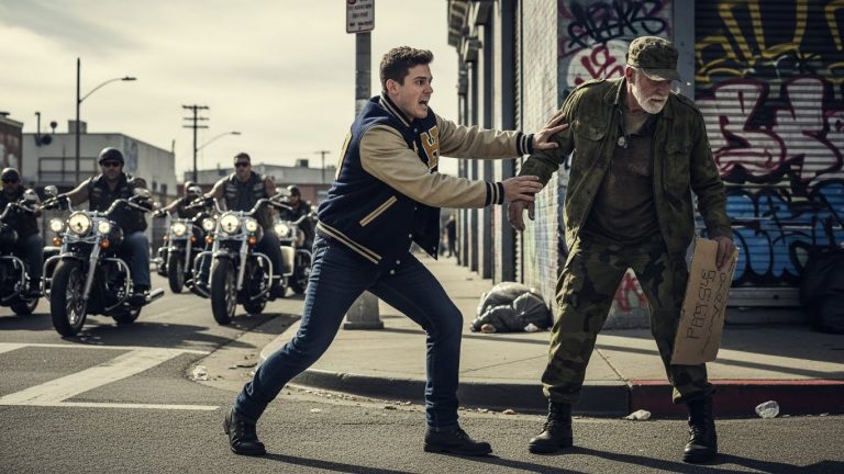 I Watched An Arrogant College Jock Shove A Frail Homeless Veteran Into The Mud For ‘Ruining His View,’ But The Smug Look Was Wiped Off His Face The Second He Heard The Roar Of Fifty Harleys Behind Him. He Thought He Was The Alpha Male Until He Realized Who He Just Messed With—And By The Time My Brothers And I Circled Him, It Was Too Late To Say Sorry.