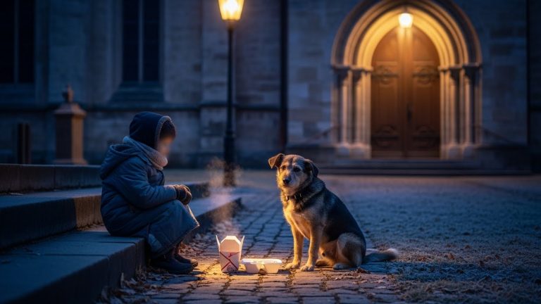 I Watched A Homeless Boy Share His Only Meal With A Stray Dog In The Freezing Churchyard, And When I Tried To Help, He Whispered A Secret That Broke Me.