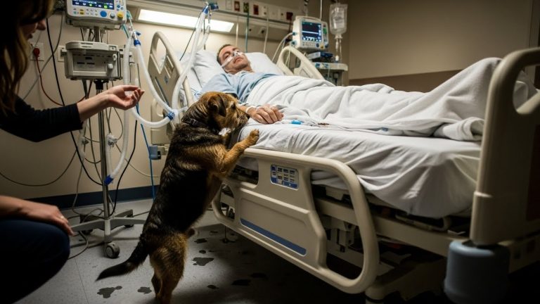 THE DOCTORS TOLD ME TO GIVE UP, TO LET THE MACHINES STOP HUMMING AND LET MY HUSBAND GO. BUT AS THE NURSE REACHED FOR THE PLUG, OUR SCRUFFY RESCUE DOG SNUCK PAST SECURITY