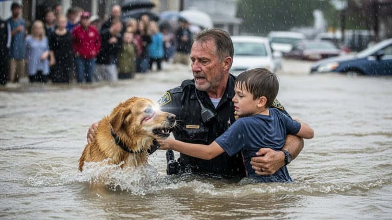 The Moment the Badge Met the Flood: A Policeman, a Terrified 8-Year-Old, and the Scruffy Dog That Refused to Let Go—The Silence That Broke a City and the Secret the Officer Carried Into the Rushing Water.