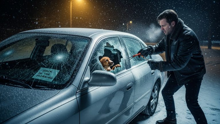 He Saw a Tiny Paw Scratching at the Window of a Frozen Car on Christmas Eve. When He Read the Heartless Note Taped to the Dashboard—“Back in the morning. It’s just a dog”—The Biker Knew He Had to Break the Law to Save a Life. See the Incredible Moment a Tough Stranger Shattered a Window and Found His Own Salvation in the Snow.