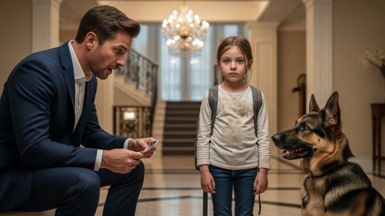 I Found A Little Girl Sleeping On A Park Bench In The Freezing Cold And Was About To Call The Police, But When My German Shepherd Refused To Leave Her Side And I Saw The Crumpled Photo Sticking Out Of Her Dirty Backpack, I Realized The Devastating Secret She Was Hiding—And It Brought A Ruthless Billionaire To His Knees.