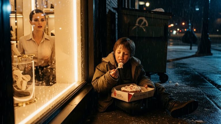 The Boy Scraped Frosting Off A Cardboard Box While I Adjusted A Mannequin In My Luxury Boutique. When I Ran Across The Street To Stop The Baker From Chasing Him Away, I Saw His Green Eyes And Realized He Wasn’t Just A Hungry Stranger—He Was The Son I Never Knew My Sister Had.