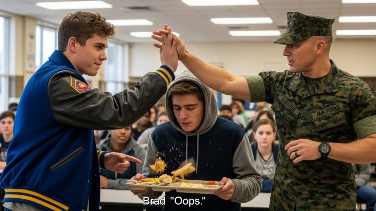 My Stomach Was Growling, But The Popular Kids Laughed As They Smashed My Free Lunch Tray Into The Floor. They Didn’t See The Marine Recruiter Standing Behind Them, And What He Did Next Silenced The Entire Cafeteria Forever.