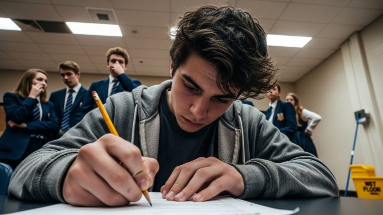 Everyone at St. Jude’s Prep treated him like furniture, stepping over him to get to their lockers. They called him “The Garbage Boy” because he smelled like the bleach his dad used to mop the floors. But when Mr. Henderson slapped that “impossible” aptitude test on his desk as a joke, nobody expected the quiet kid in the stained hoodie to make the District Board tremble.
