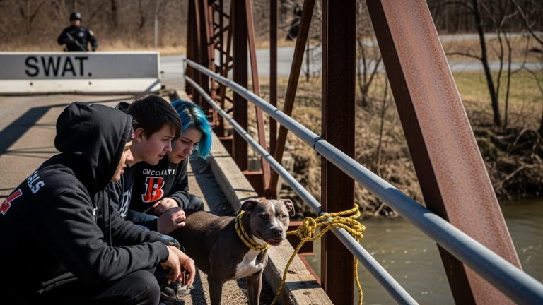 I saw three teenagers tying a shivering pit bull to the rusted railing of the Old Miller Bridge, right in the line of fire.